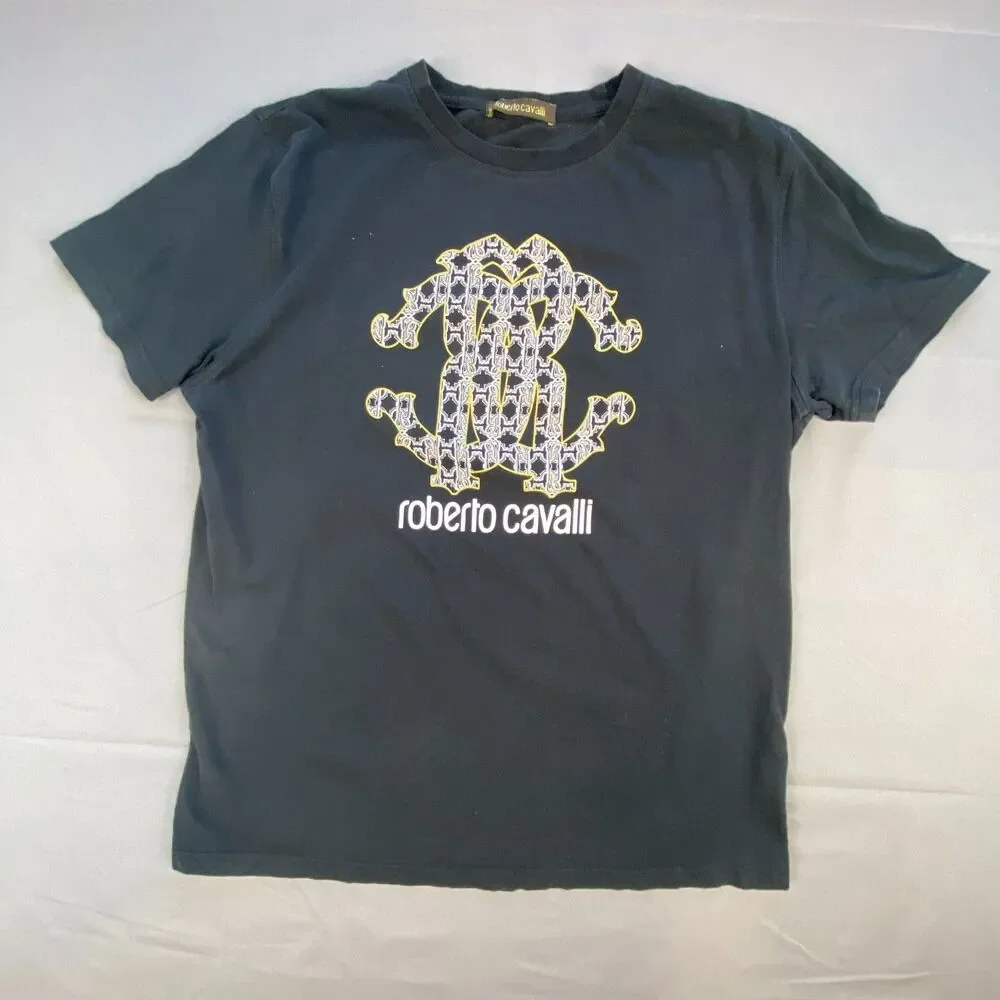 Roberto Cavalli Mens Monogram Logo Graphic T-Shirt Short Sleeve Black Medium M